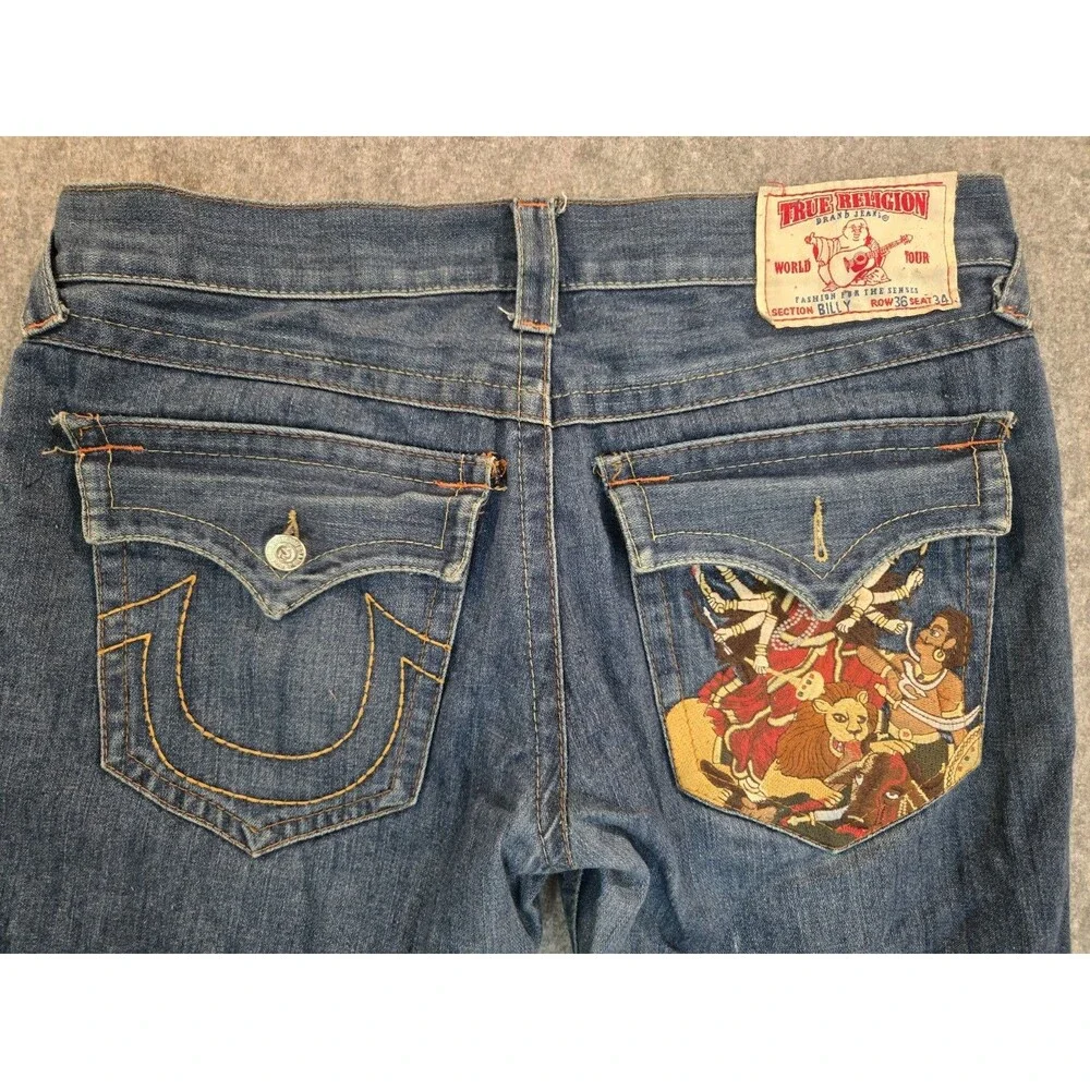 True Religion Rare Embroidered Shiva Hindu God Billy Vintage Wide Jeans 36x32